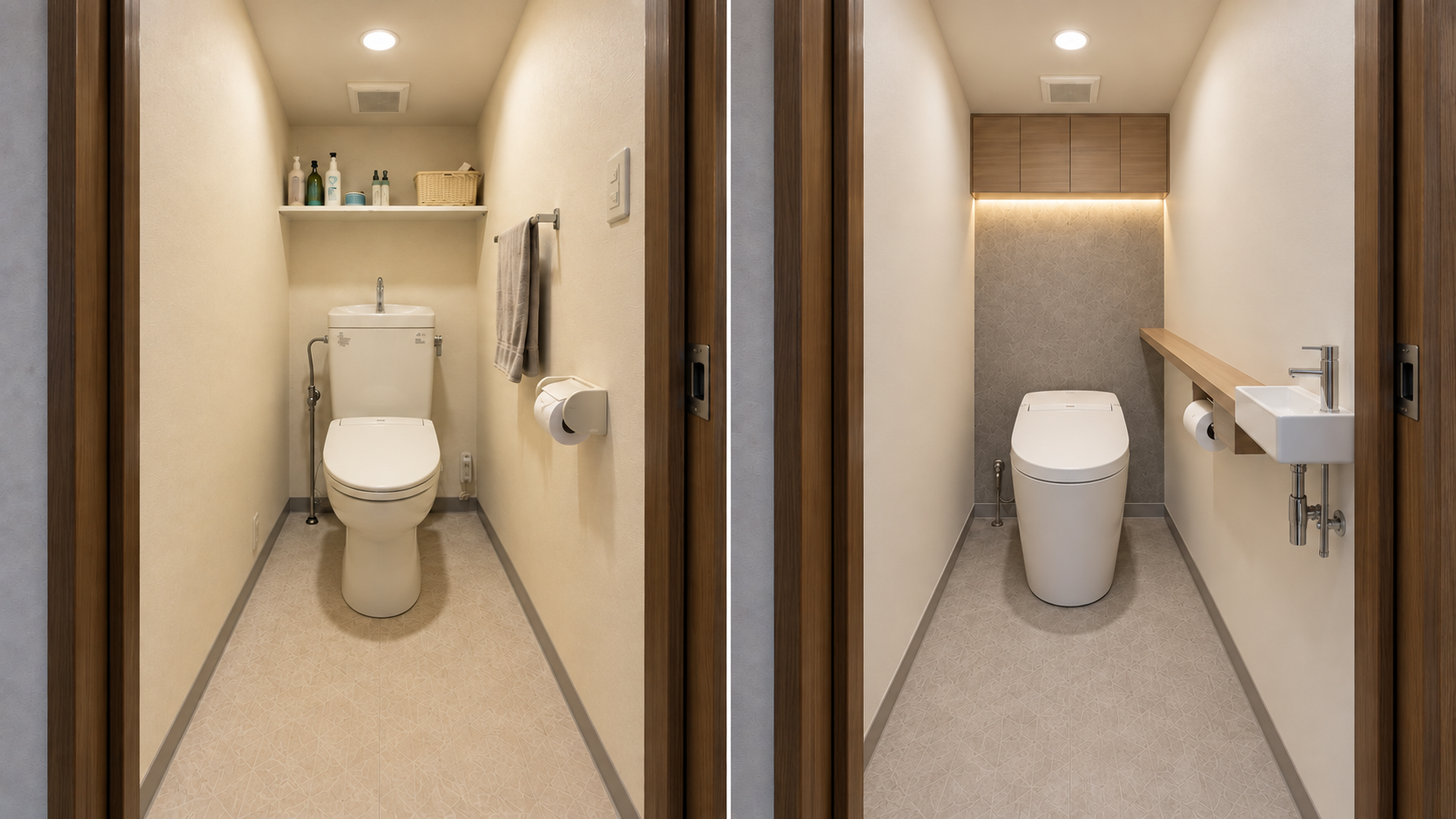 床・壁・天井まで室内全体が見えるトイレ室の施工前後